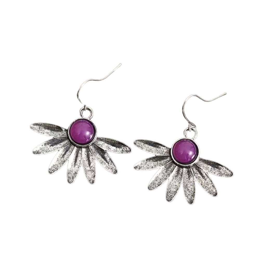 Boho Silver Plated Flower with Gemstone Drop Earrings
